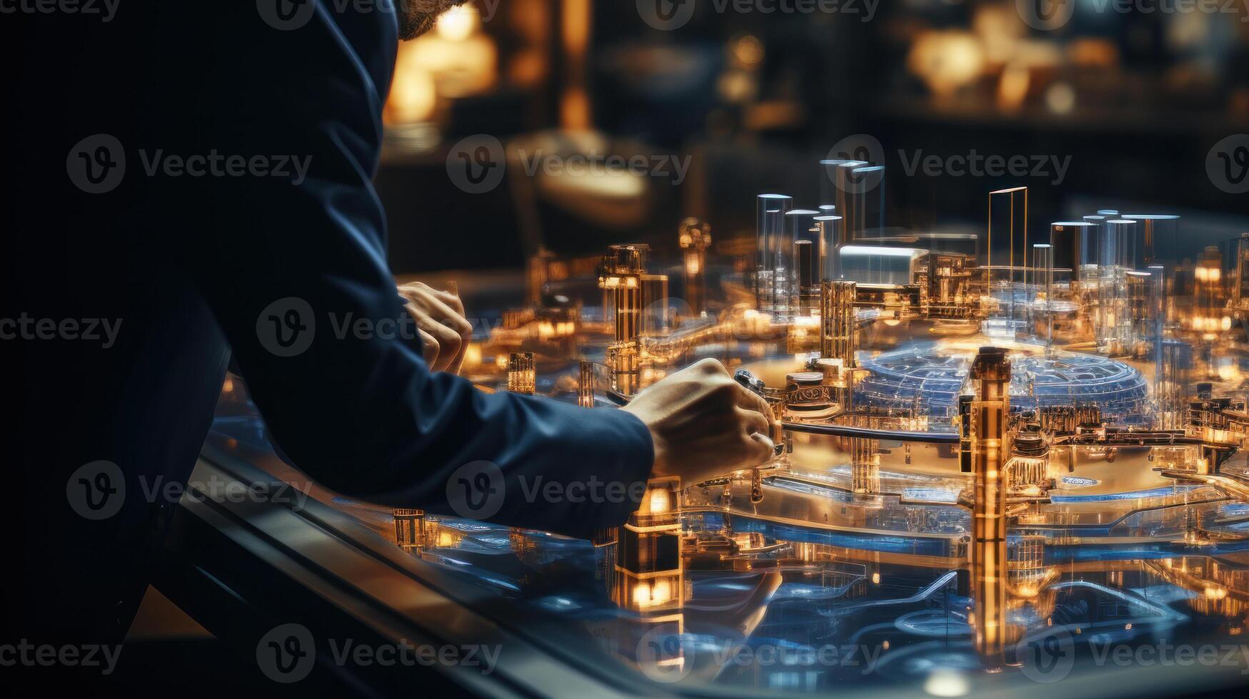 Close-up of engineer working on model of city. Mixed media. . photo