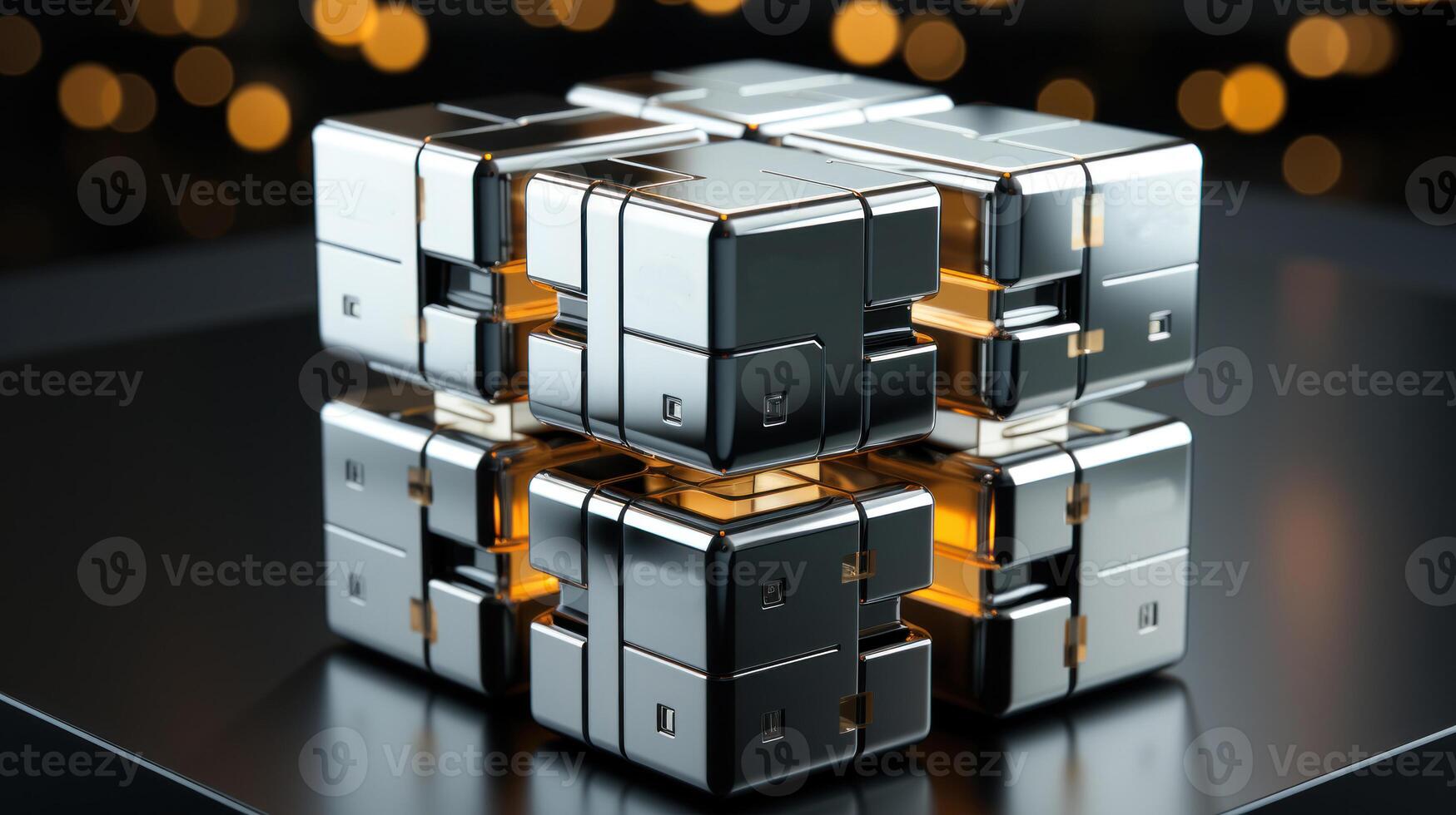 Abstract  of cubes with gold elements. Technology background. Generative AI. photo