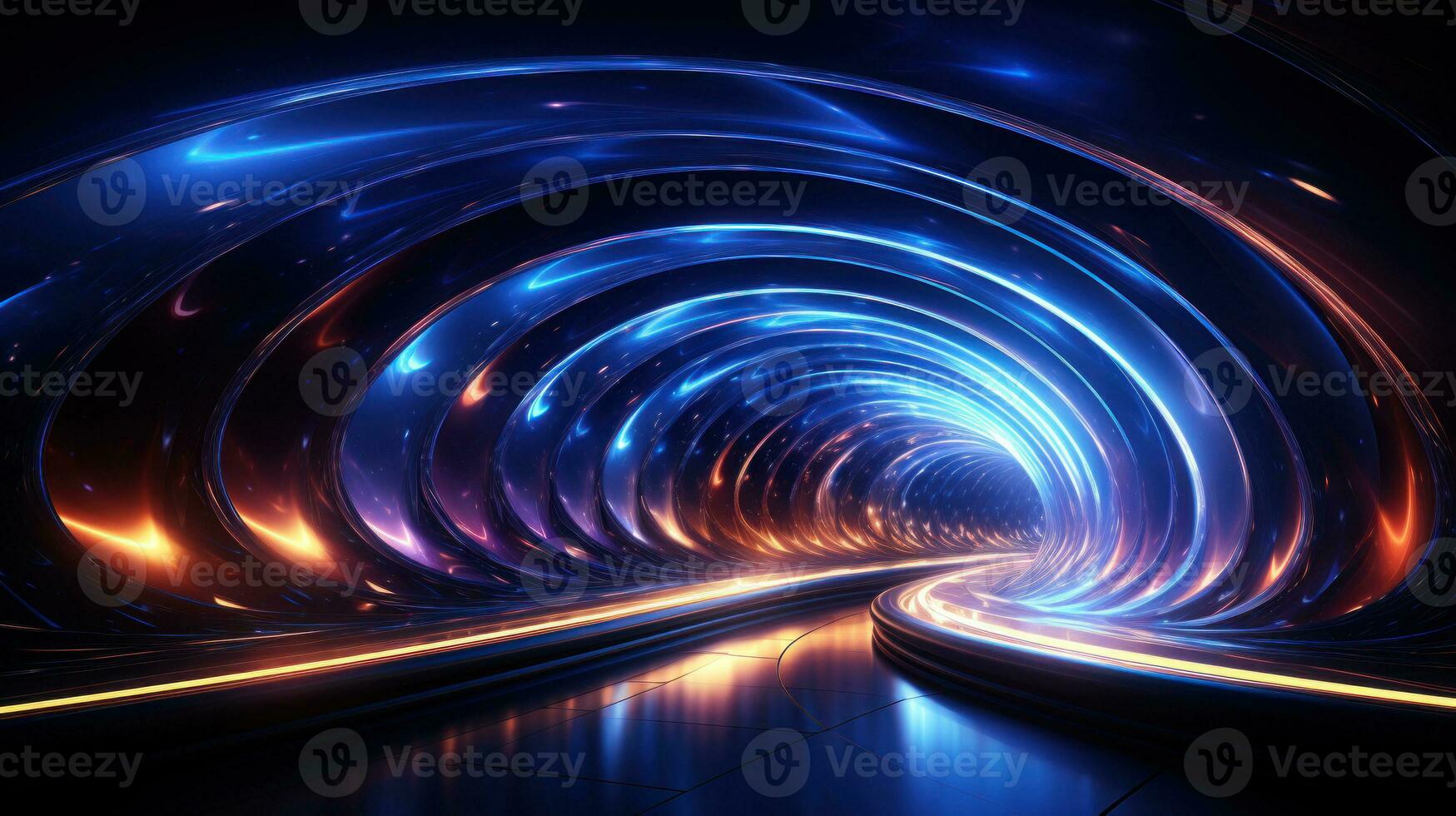 Futuristic tunnel with glowing lights, abstract background. Generative AI. photo
