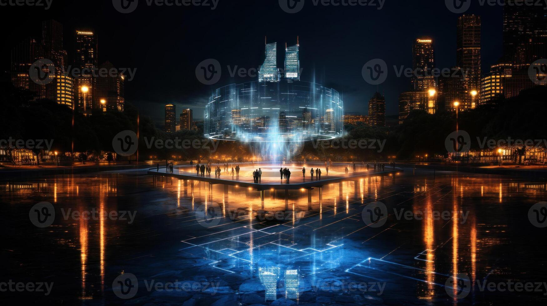 Futuristic city at night with reflection in water. . photo
