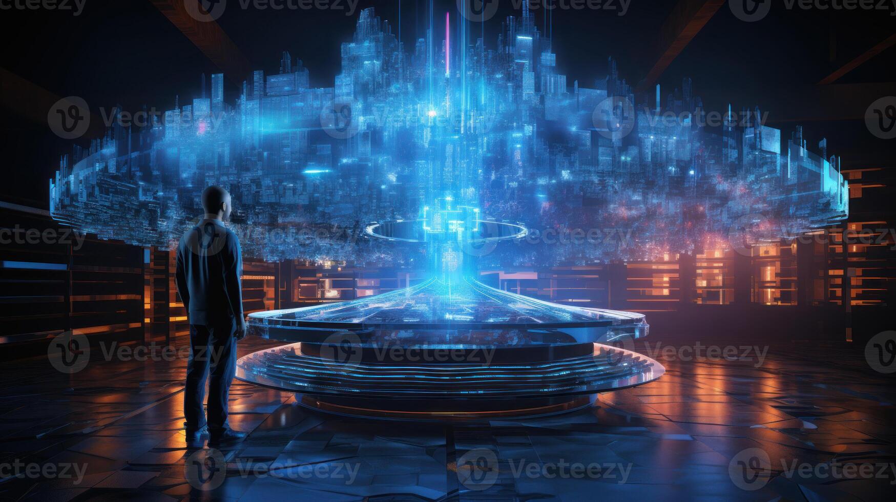 Man standing in front of a futuristic technological display with hologram. . photo