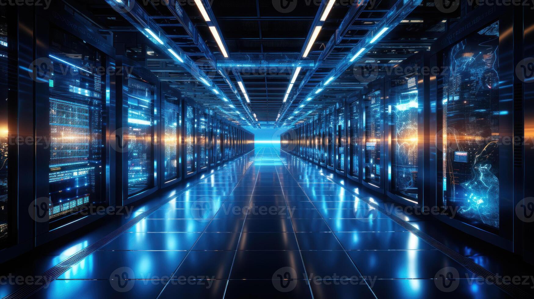 Futuristic server room data center with glowing lights. . photo