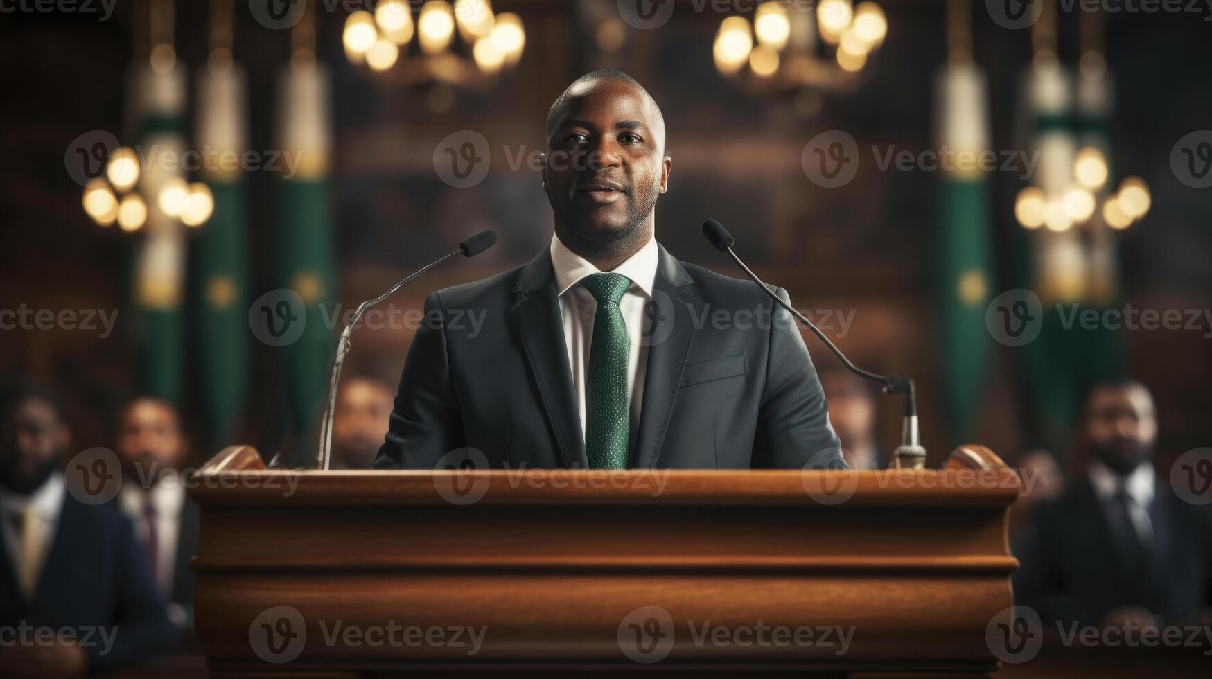 africano americano político haciendo un habla a un conferencia o reunión. generativo ai. foto