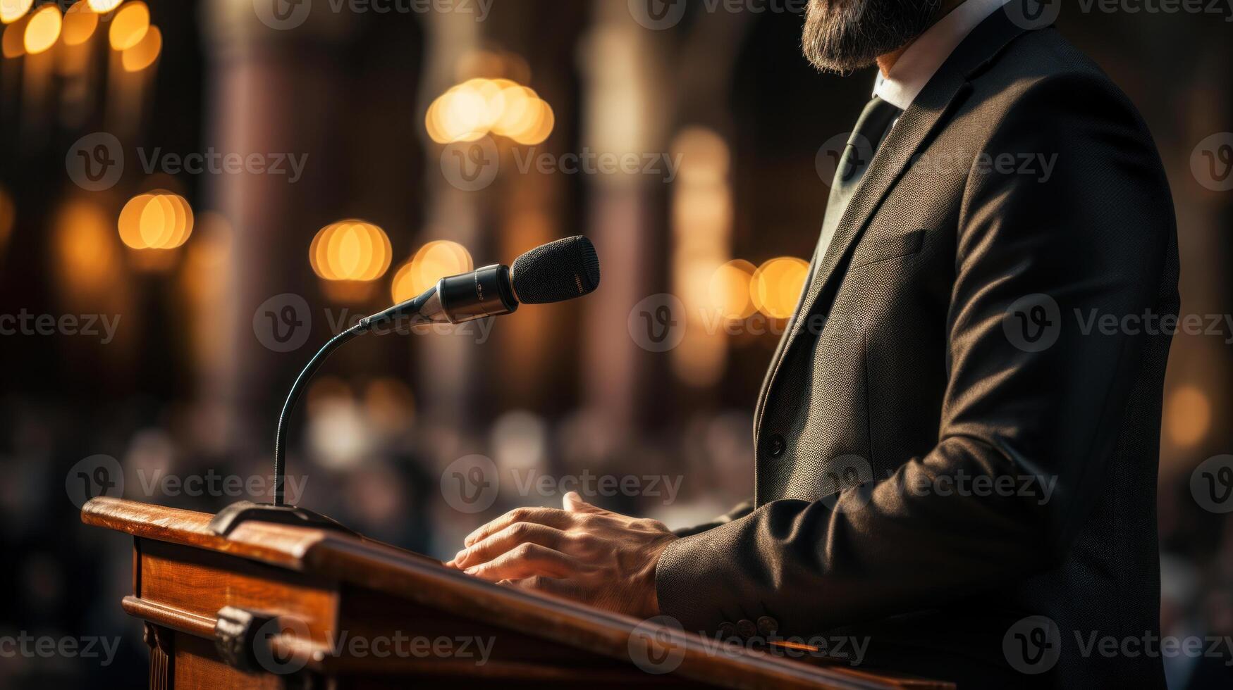 Close-up of a politician man in a suit giving a speech at the conference hall from behind the pulpit. . photo