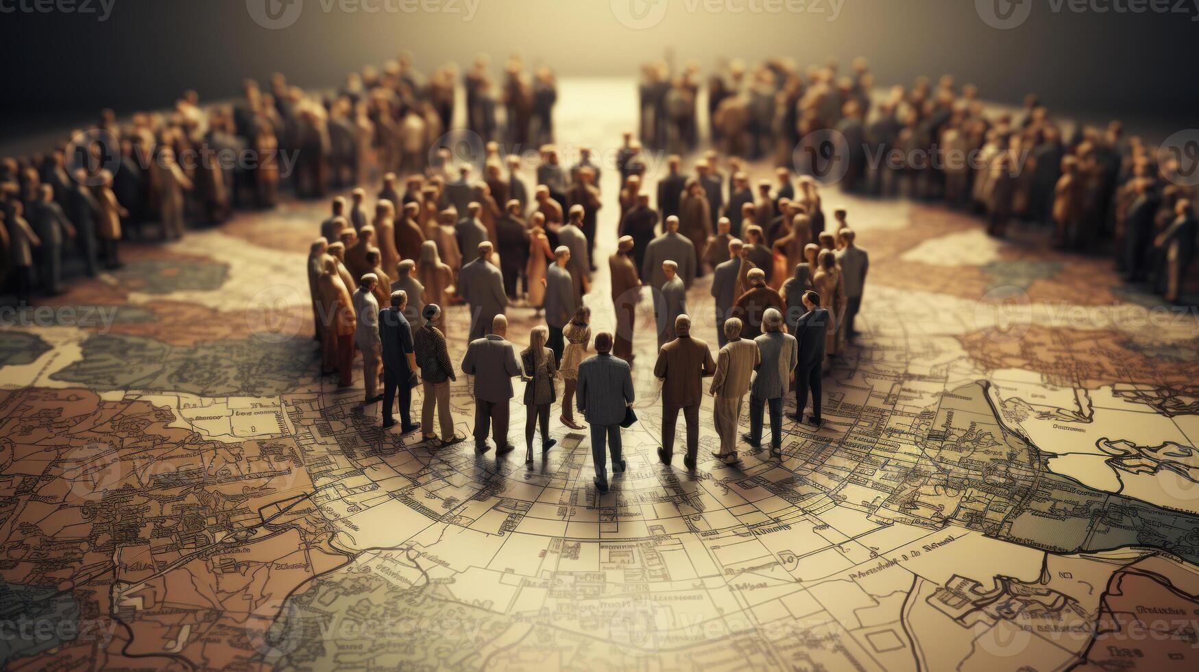 Group of diverse business people standing on the world map. Generative AI. photo