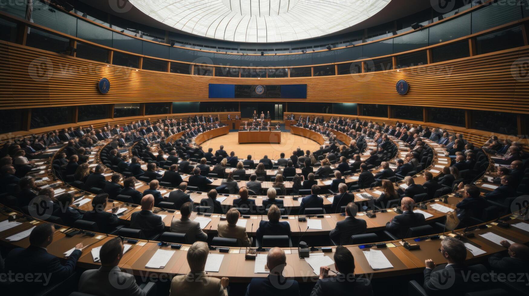 Debating chamber hemicycle during a one day plenary session. Generative AI. photo