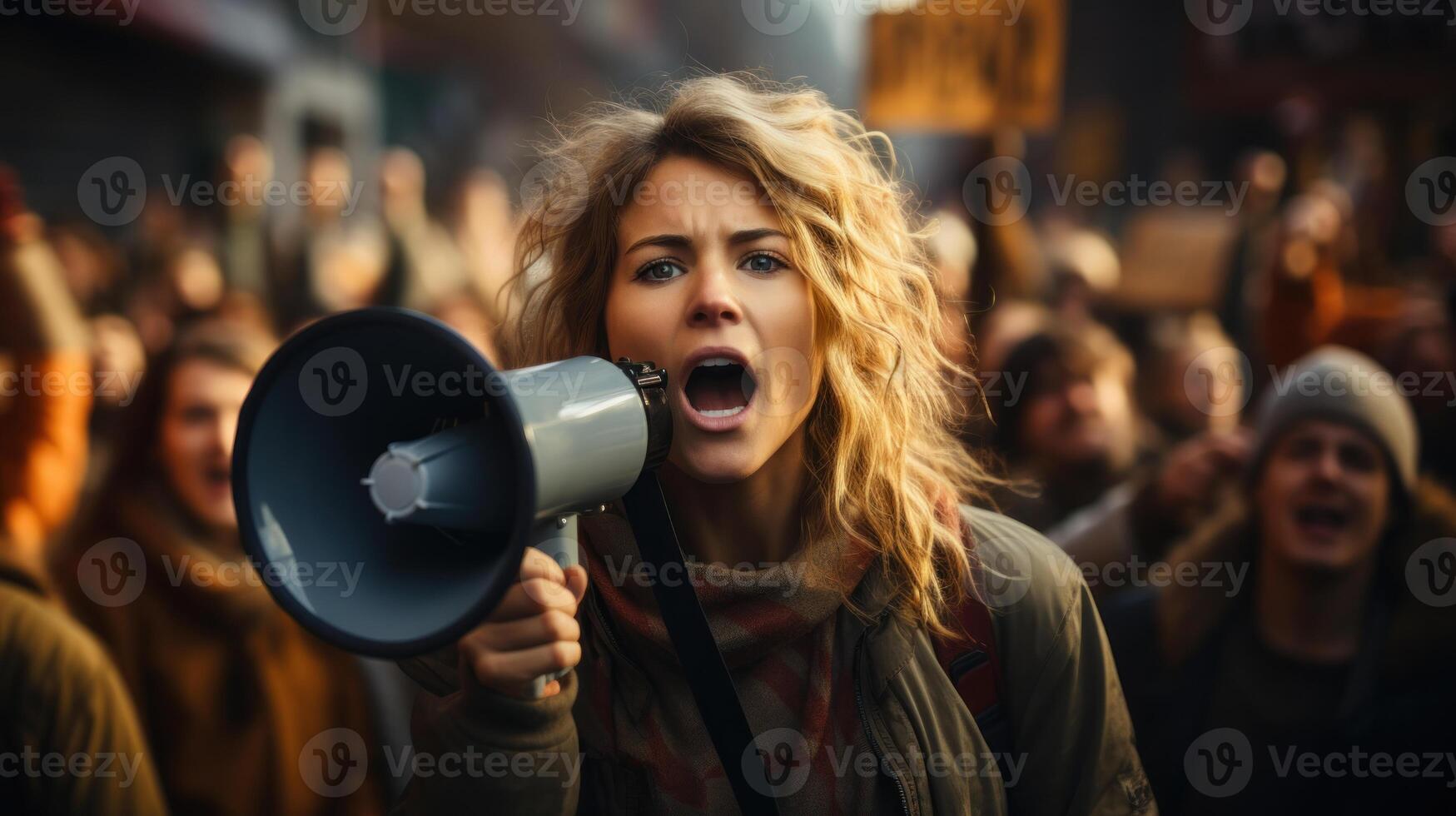 Angry woman shouting into a megaphone in a crowd. . photo