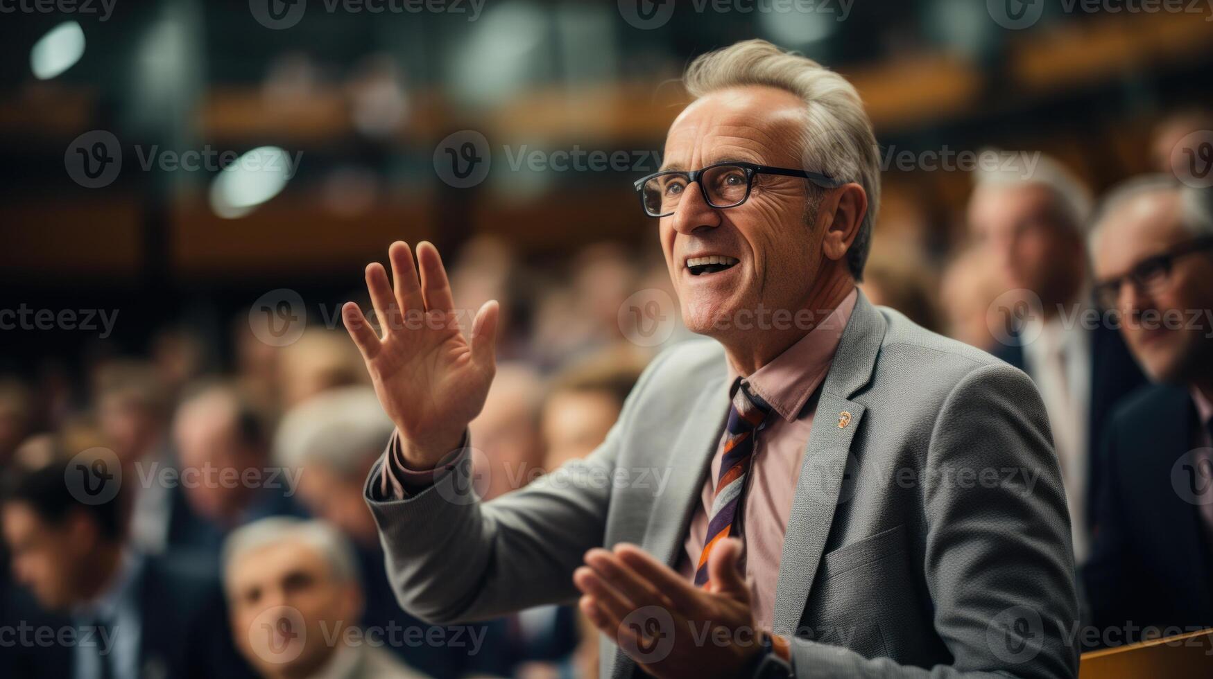 Senior politician male participating in a conference. Generative AI. photo