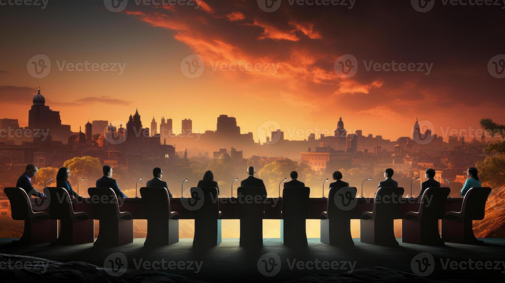 Meeting concept with silhouettes of freemasons people sitting on table. Secret clan who control the situation in the world. . photo
