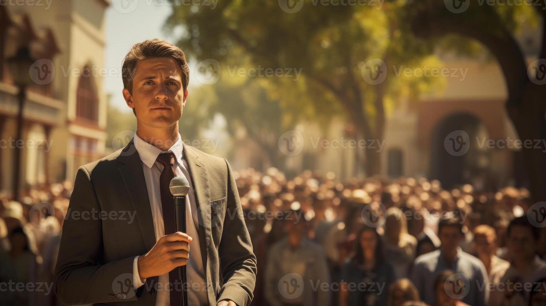 Republican presidential candidate with microphone in front of a crowd on a city street. Generative AI. photo