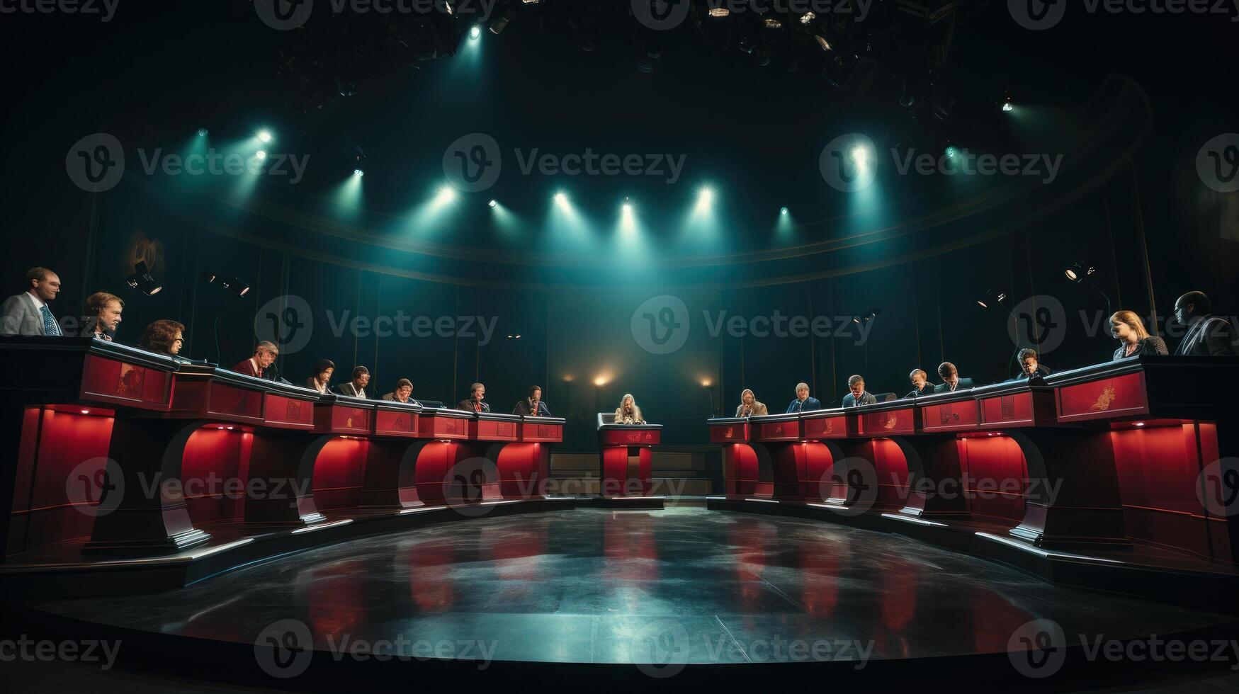 Podiums with politician at the presidential debate stage television show. . photo