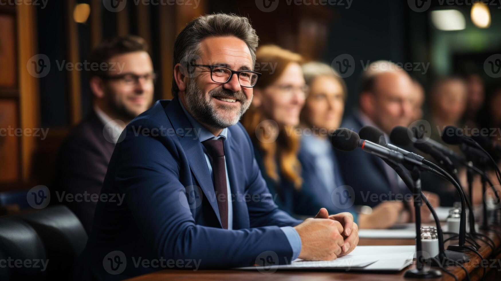 Portrait of a smiling senior politician sitting at a table in a conference hall. . photo