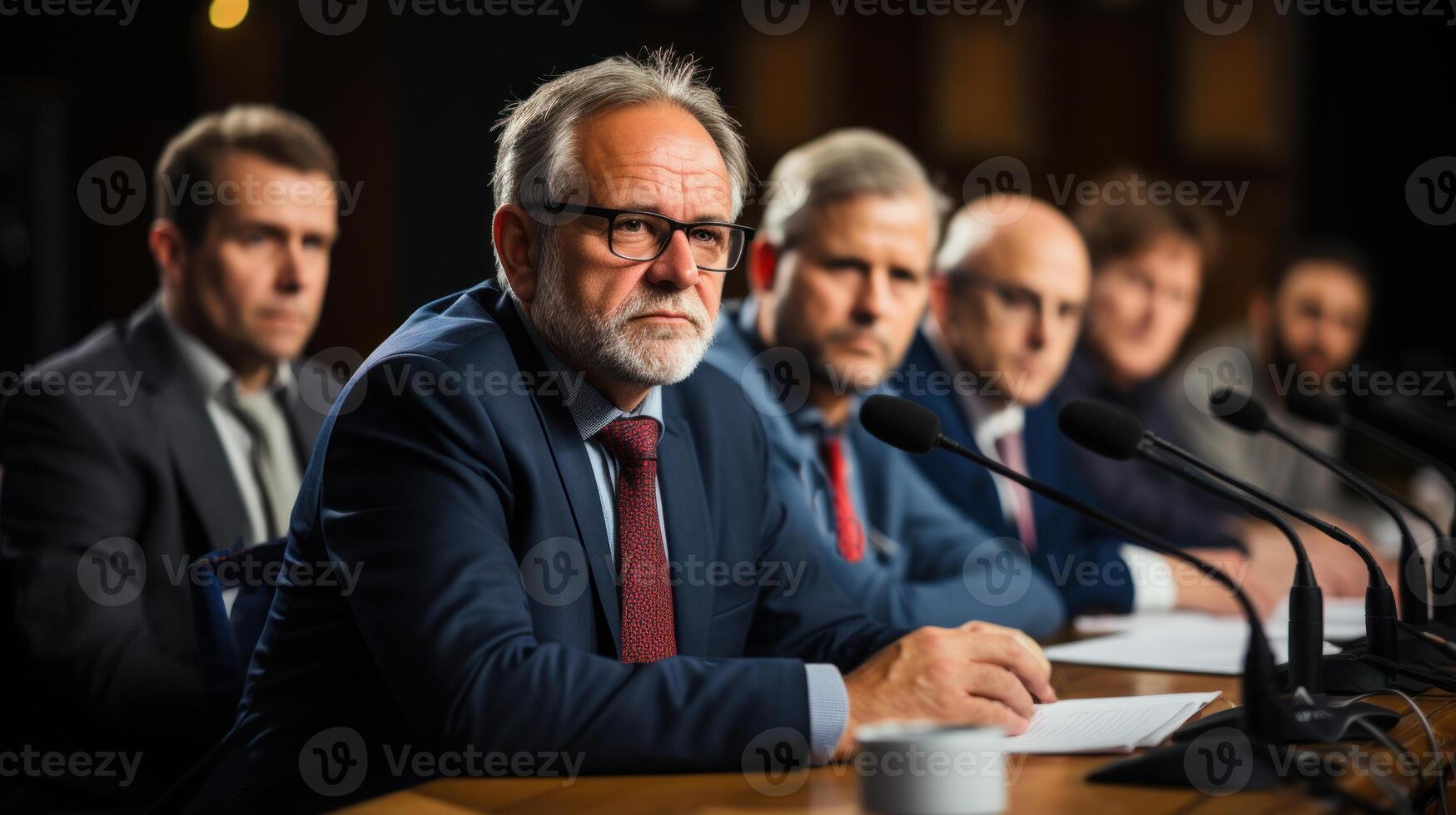 Senior politician talking to group of people, while sitting at a table in front of his team during a meeting. . photo