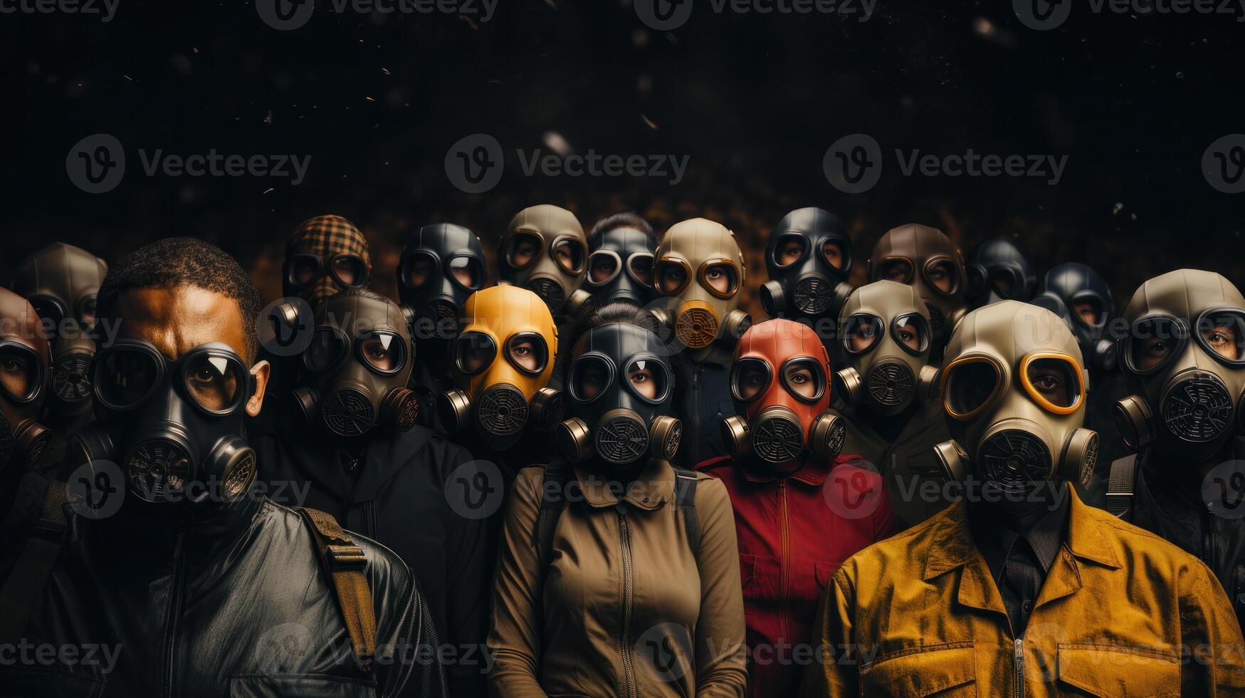 Group of people wearing gas masks. Concept of nuclear pollution and post apocalyptic. . photo