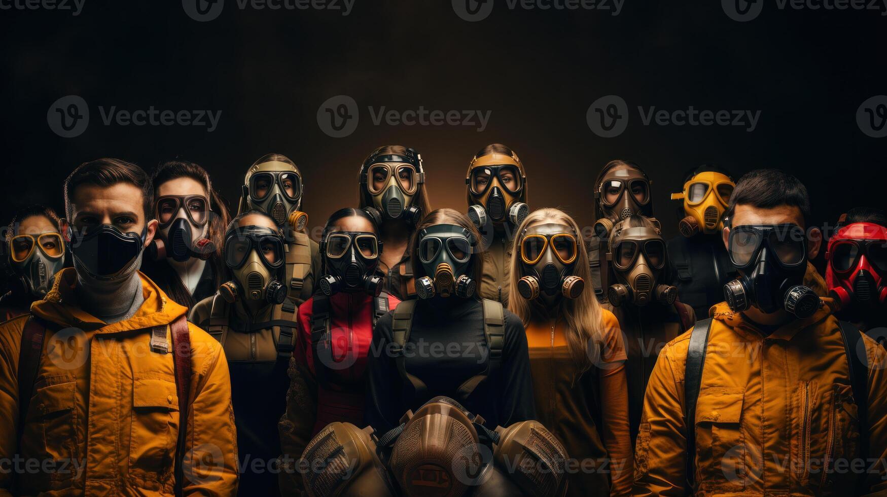 Group of post apocalyptic people in gas masks on dark background. Generative AI. photo