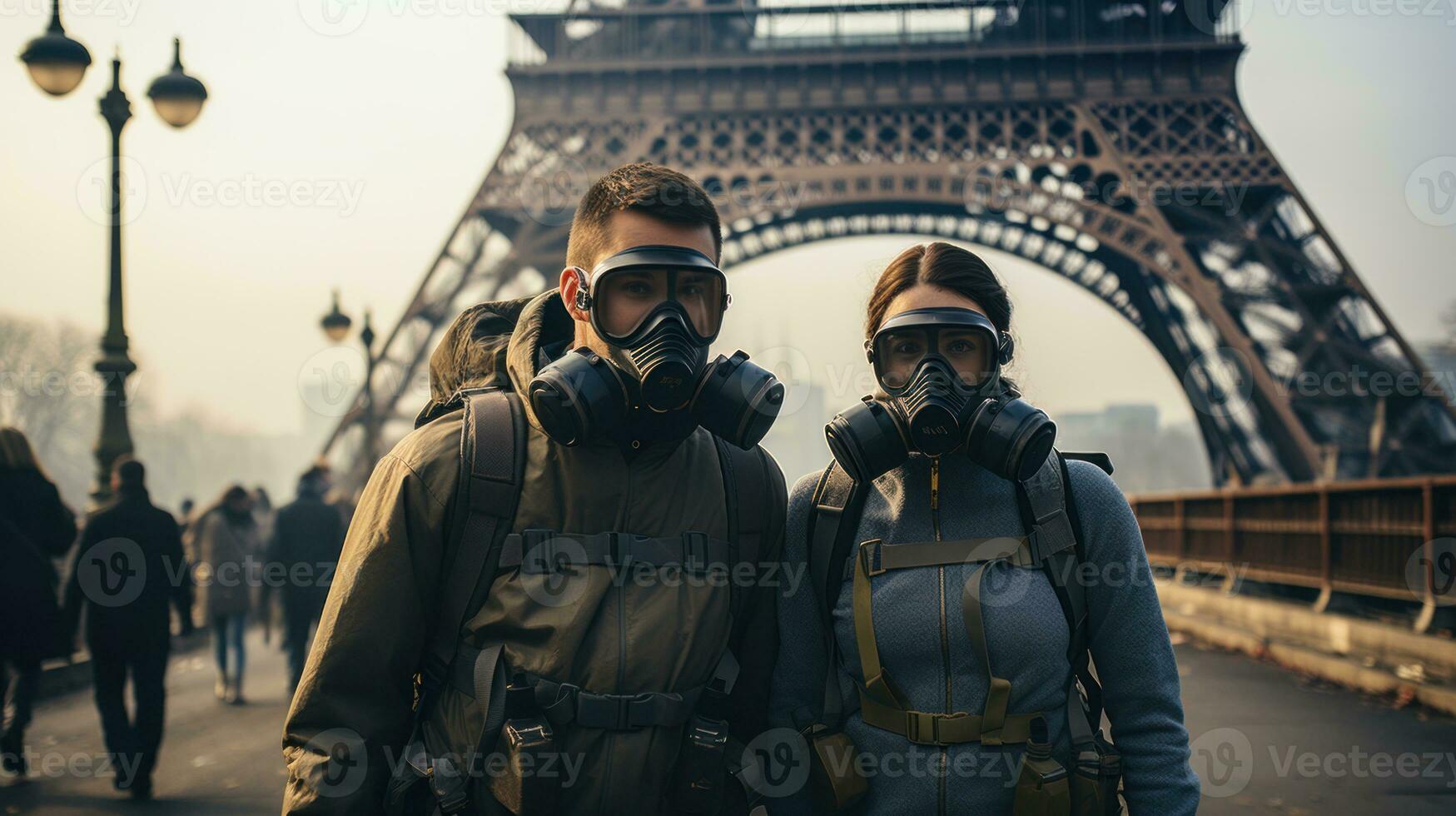 Couple of tourists in gas masks against Eiffel tower in post apocalypse Paris, France. Generative AI. photo