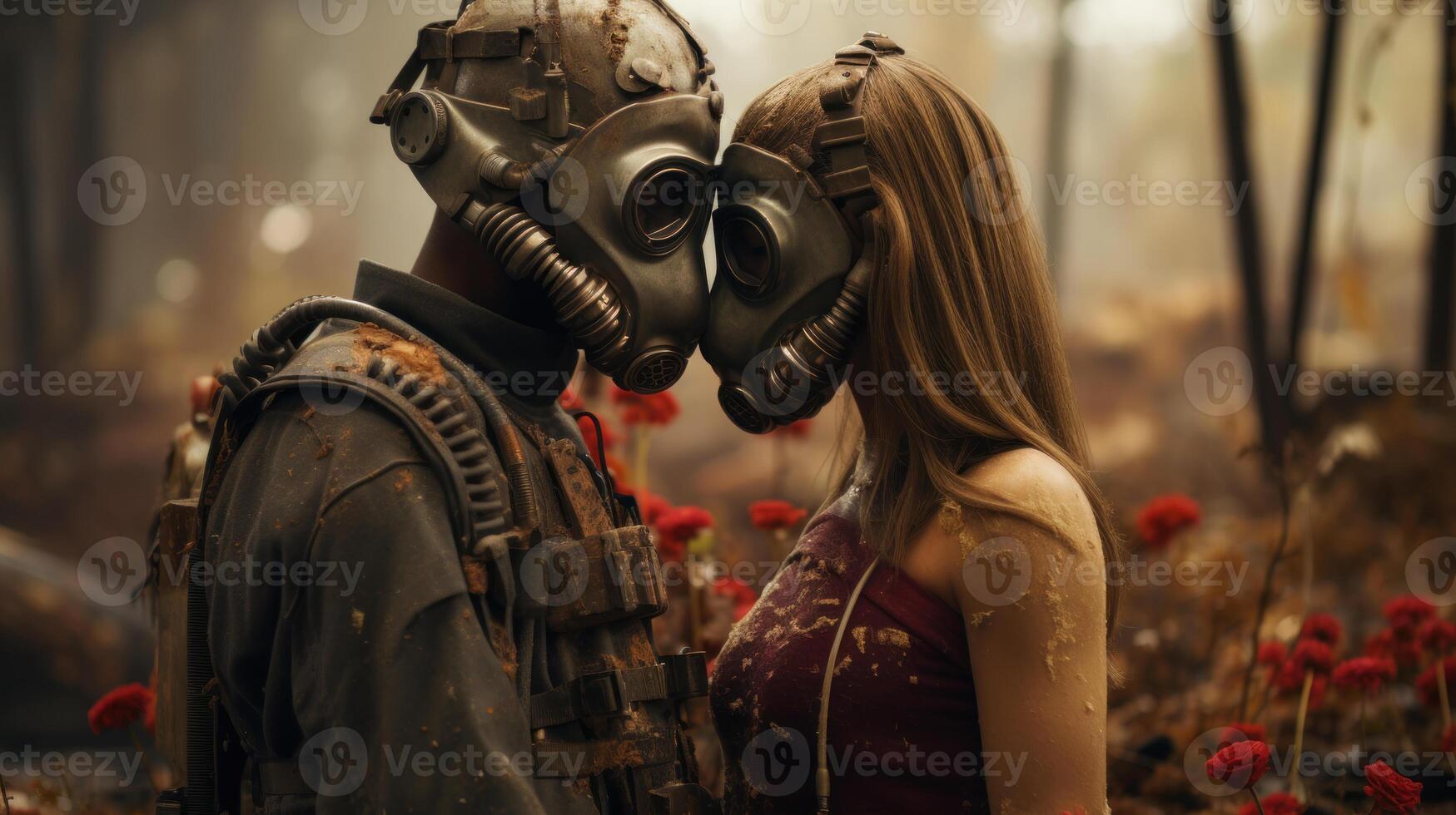 Young couple in gas masks, standing in the forest. Concept of war and love. . photo
