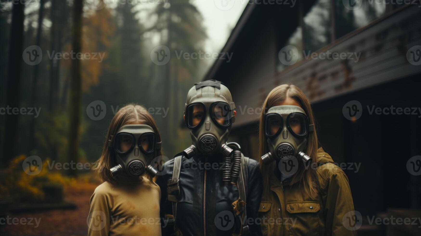 Mother with two children in gas masks on the background of their house in autumn forest. Generative AI. photo