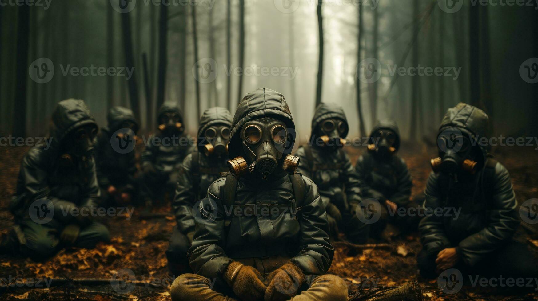 Group of kids in gas masks on the background of the autumn forest. Generative AI. photo