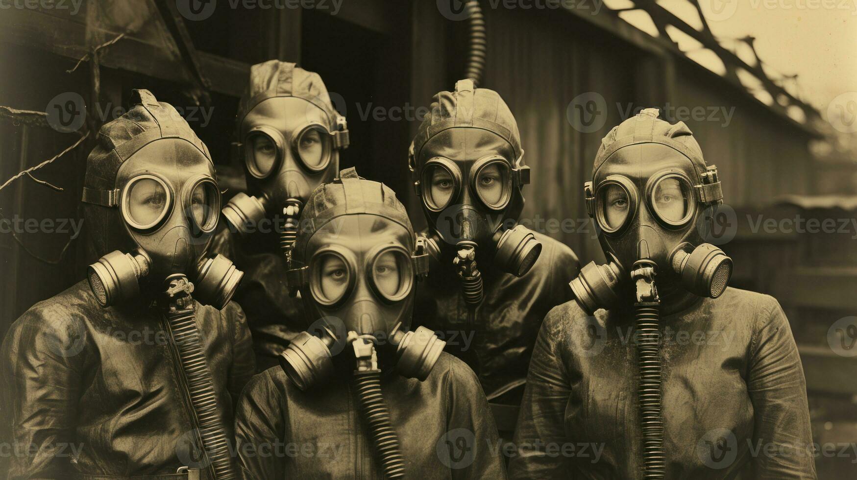 Group of people in gas masks. Vintage black and white toned photo. Generative AI. photo