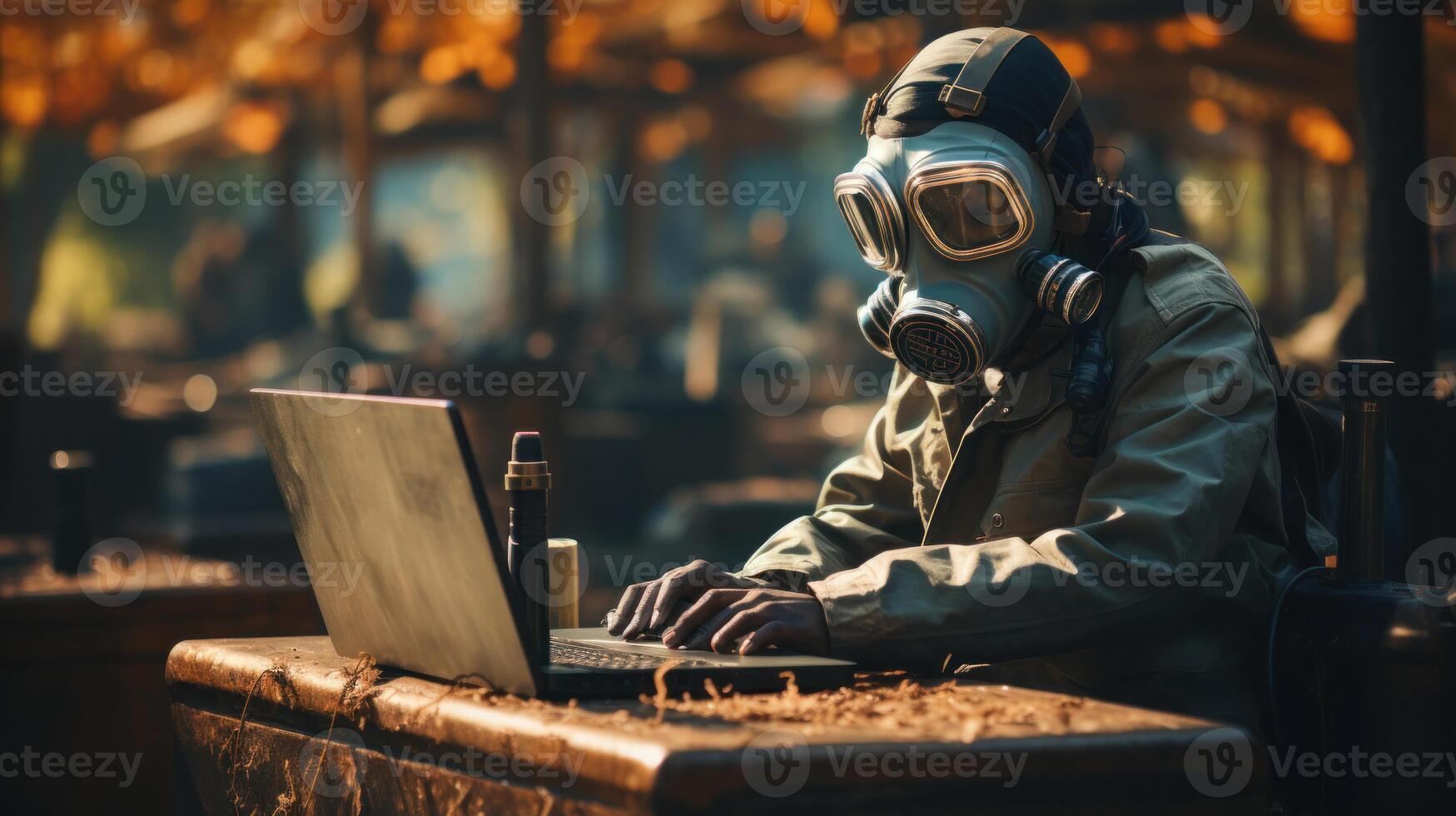 Man in gas mask working on laptop while sitting at post apocalyptic cafe terrace. Generative AI. photo