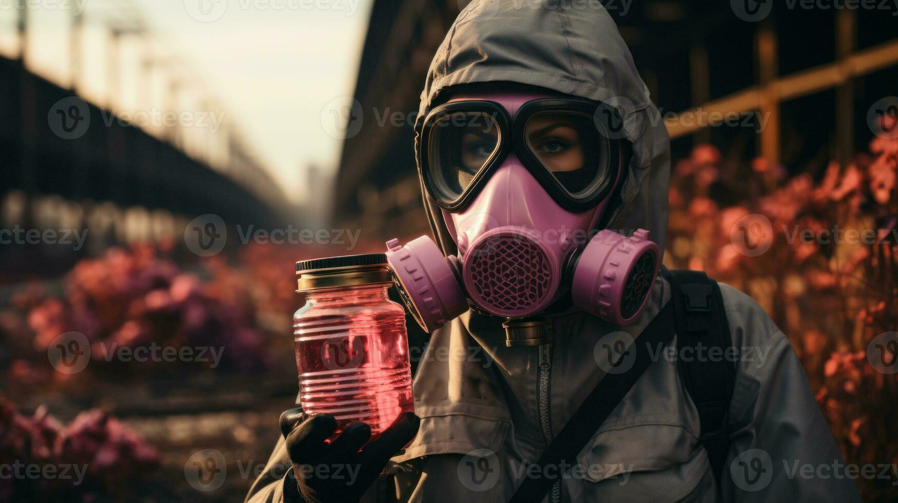 Woman in pink gas mask and respirator holding a bottle living water in her hands. Survival in the post-apocalyptic world. Generative AI. photo