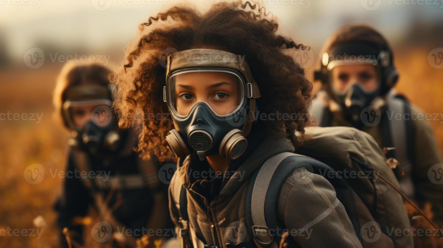 Group of multiethnic kids in gas masks looking at camera in radiation field. . photo