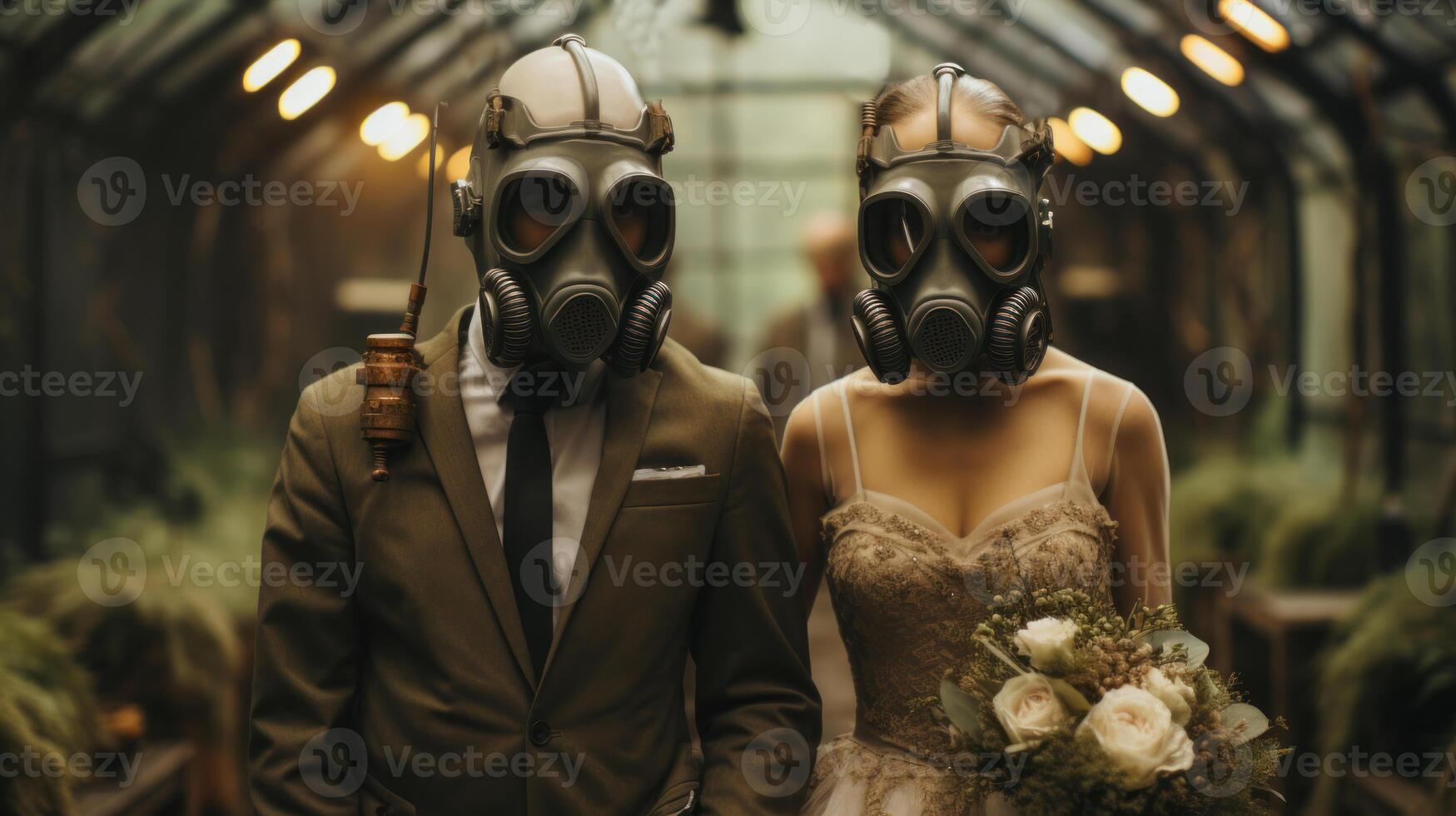 Wedding couple in a gas mask at green house. Apocalypse life. Post apocalyptic concept. Generative AI. photo