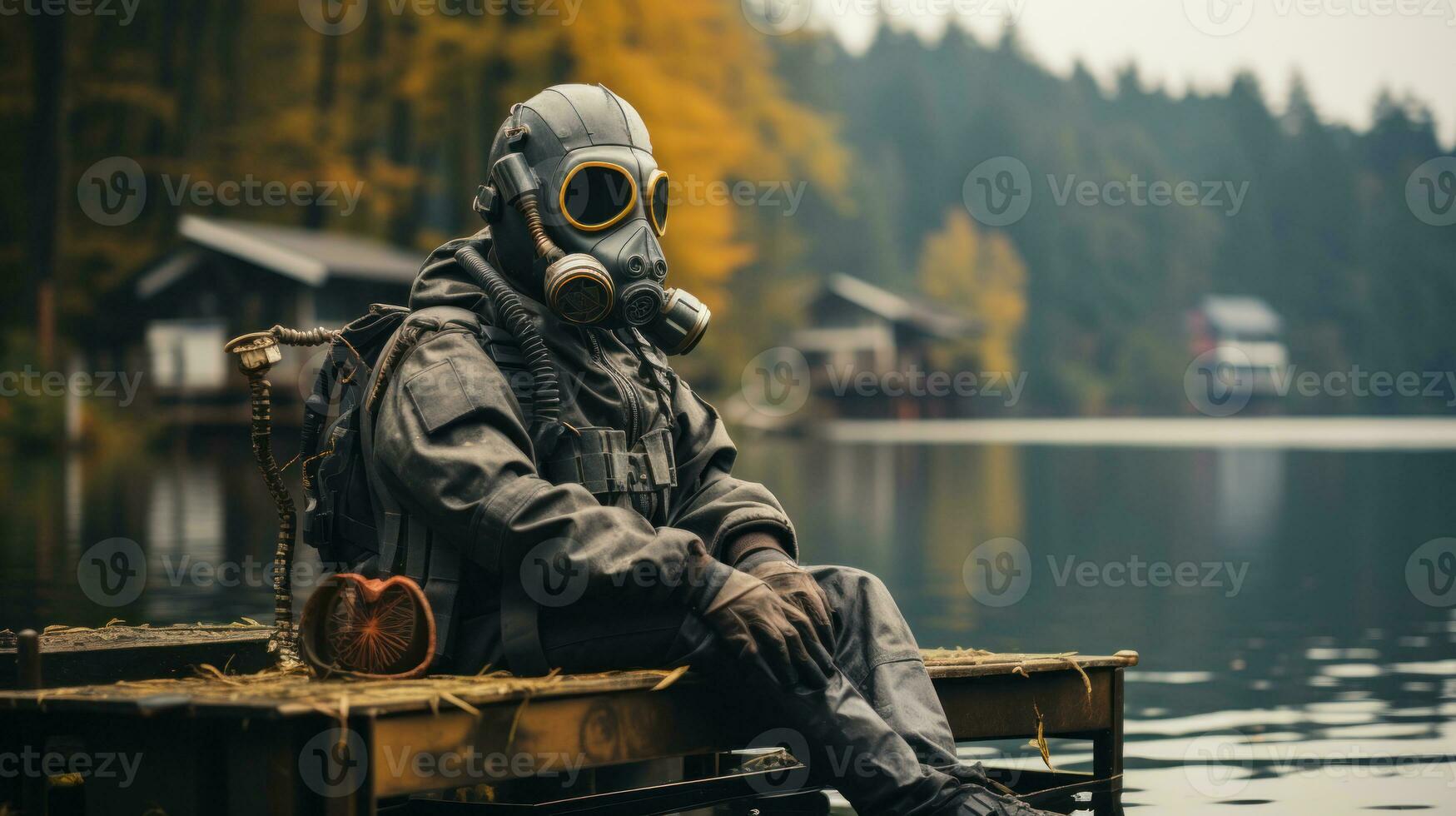 A man sit in the pier in a gas mask on the background of the lake. Generative AI. photo