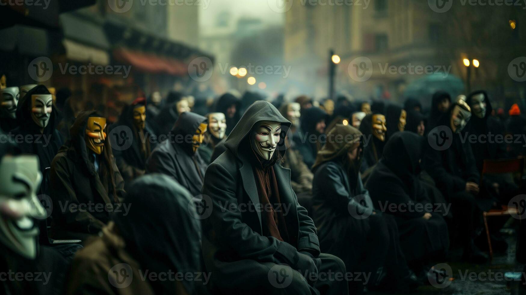 grupo de personas en anónimo mascaras sentar en París, Francia. generativo ai. foto