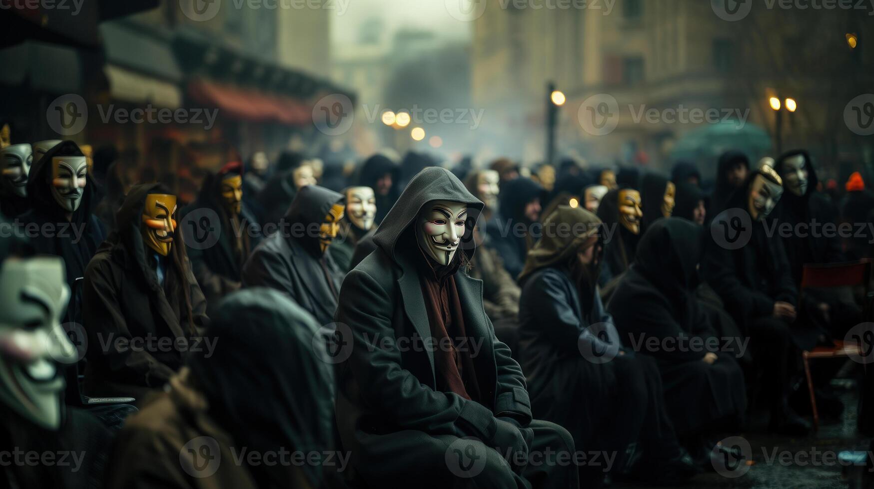 Group of people in anonymous masks sit in Paris, France. Generative AI. photo