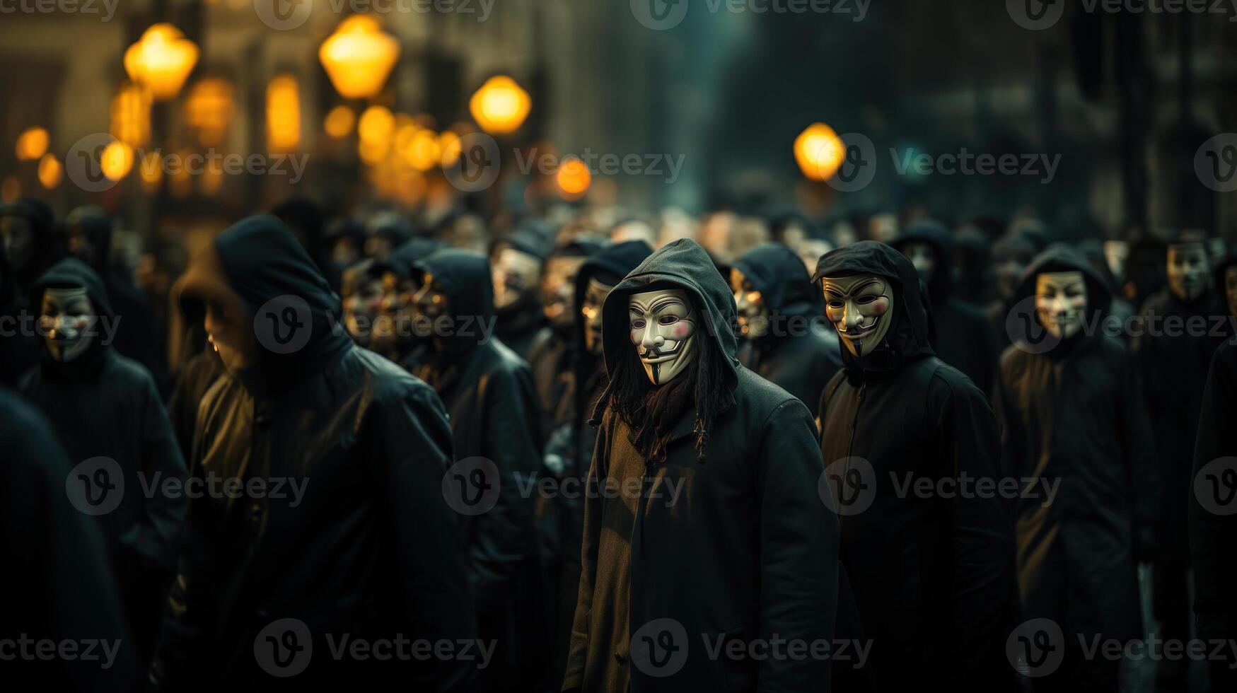 A crowd of unknown anonymous mask people walk in night city. . photo