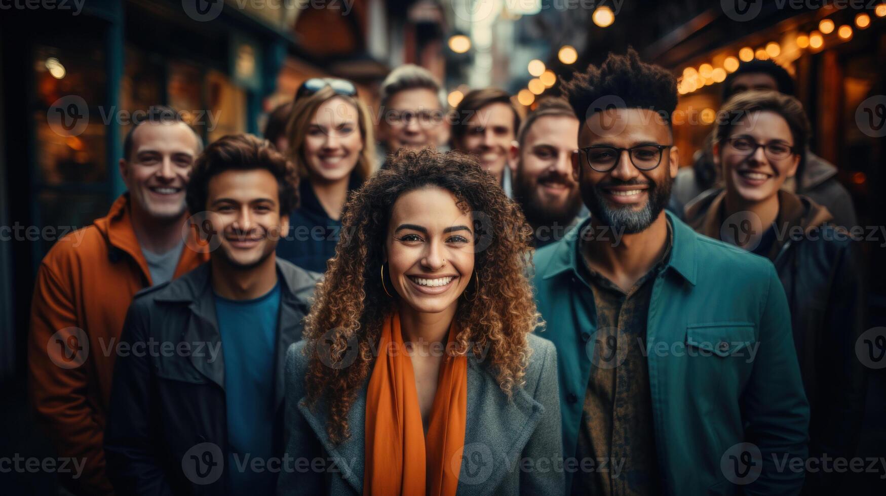 Group of friends walking in the city. Group of multiethnic stylish people. Generative AI. photo