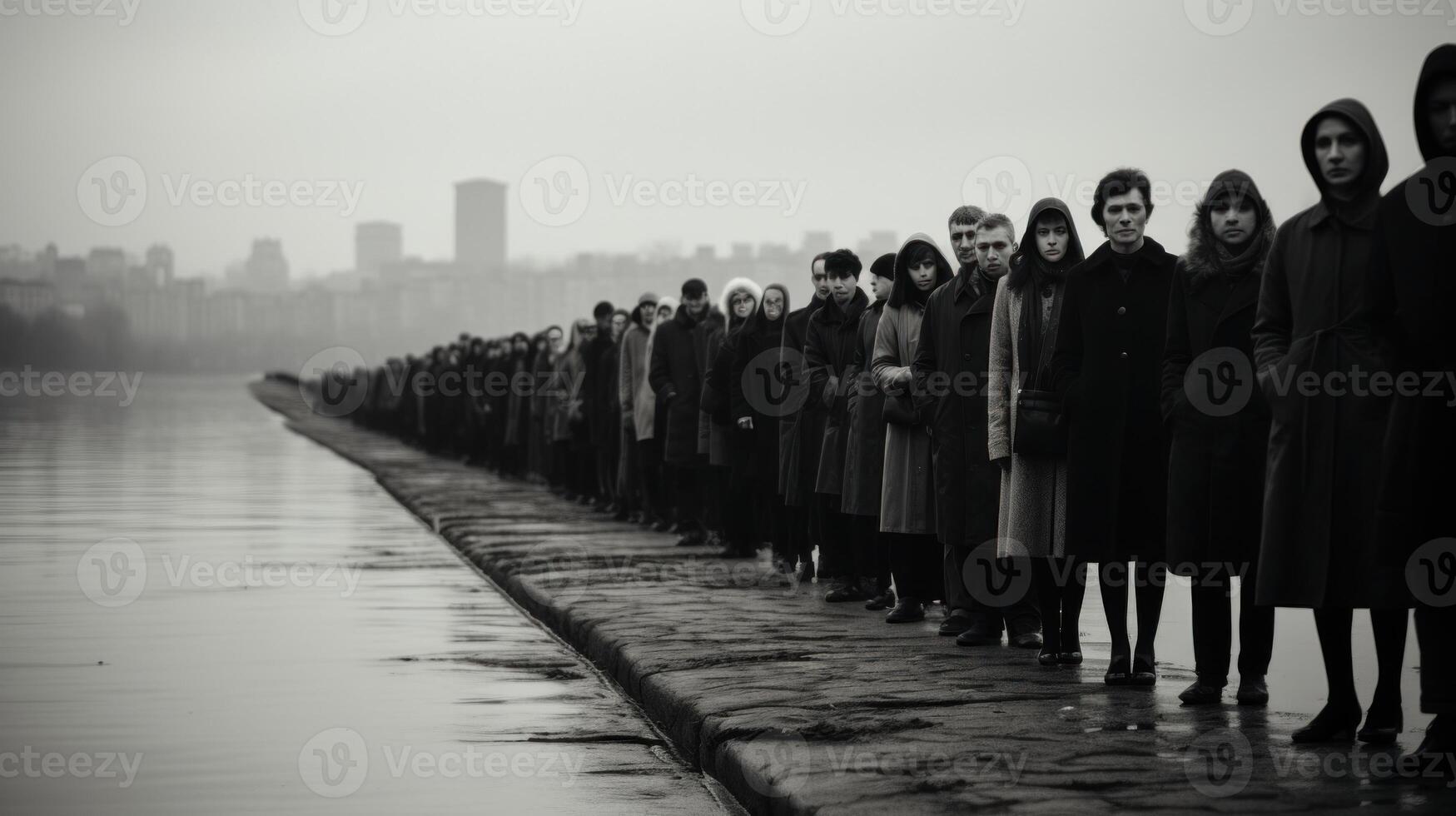 un interminable línea de personas en el terraplén de ciudad río. antiguo Clásico negro y blanco foto. generativo ai. foto