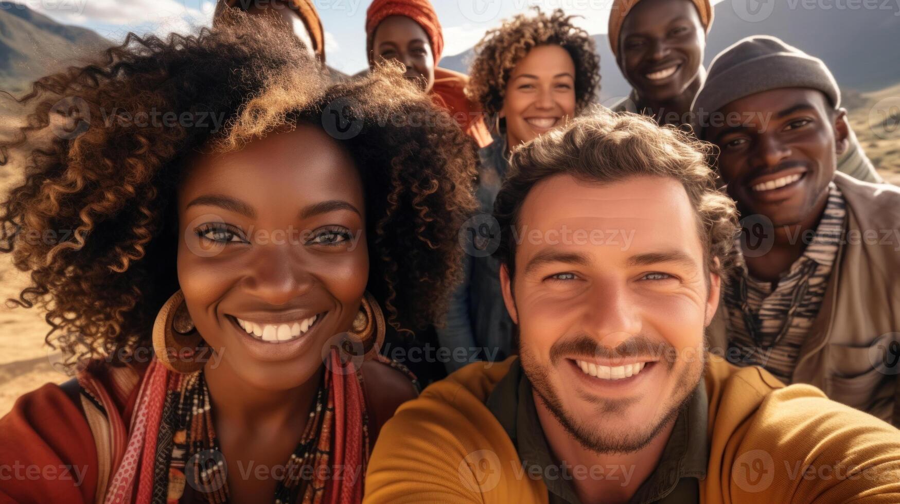 Multiethnic group of friends taking a selfie in the mountains. . photo