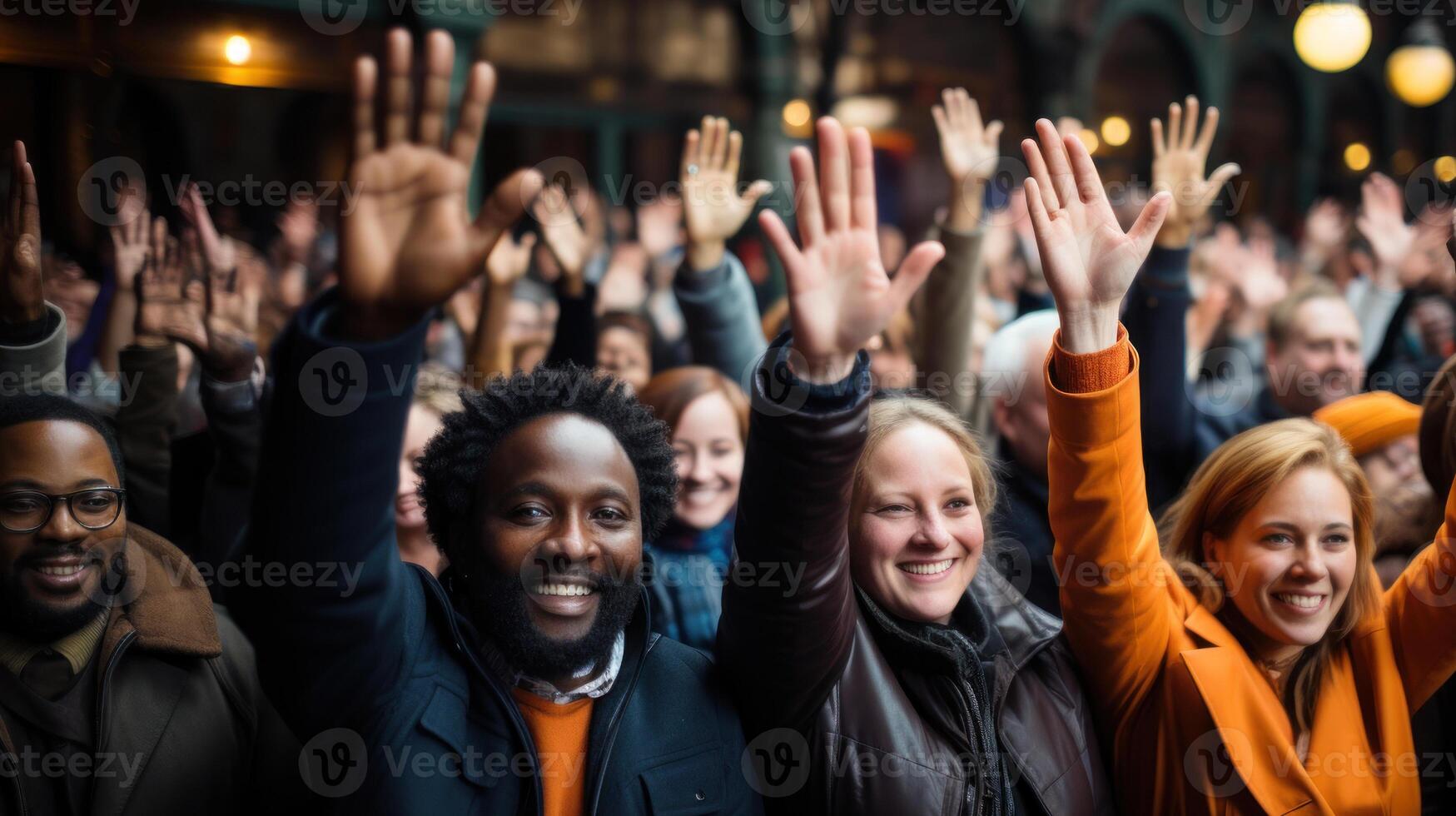 grupo de diverso personas levantamiento su manos y sonriente mientras en pie en un reunión. generativo ai. foto