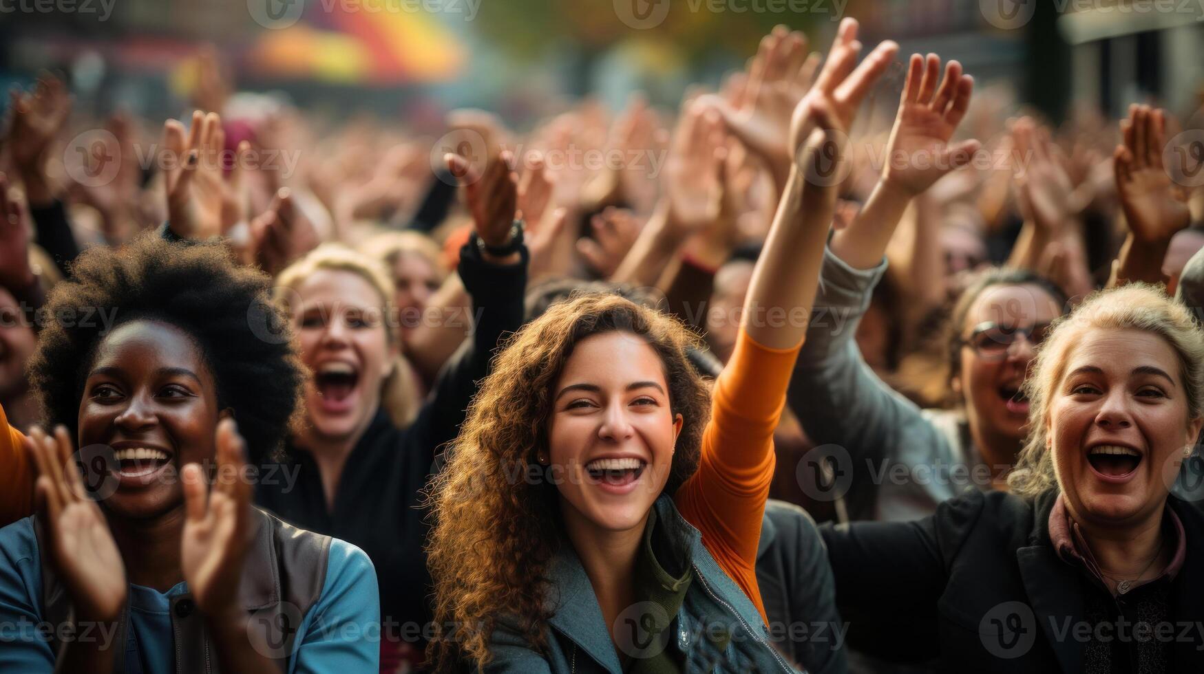 Happy people gather outside with raised hands. . photo