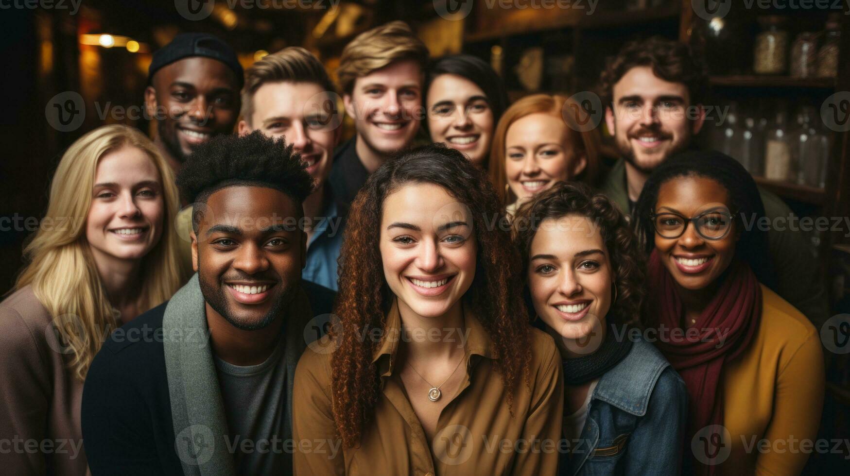 Portrait of smiling friends looking at camera in pub during coffee break. Generative AI. photo