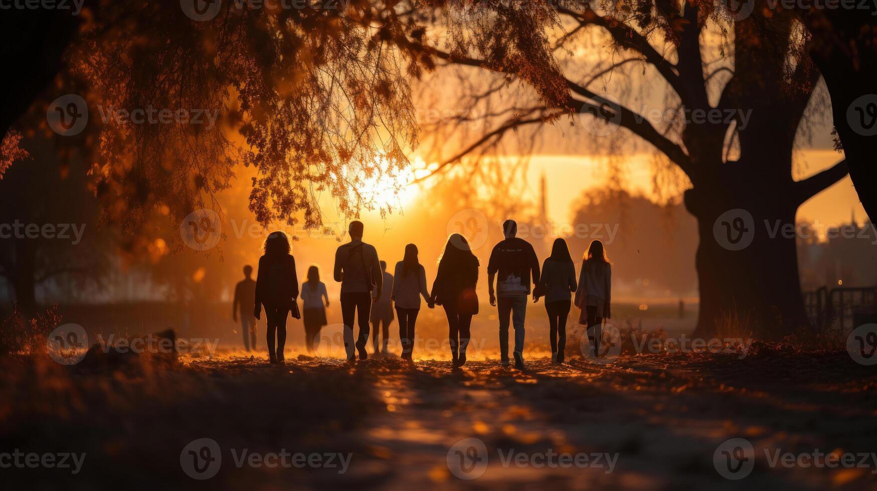 Group of back young people walking in the park at sunset. Selective focus. . photo