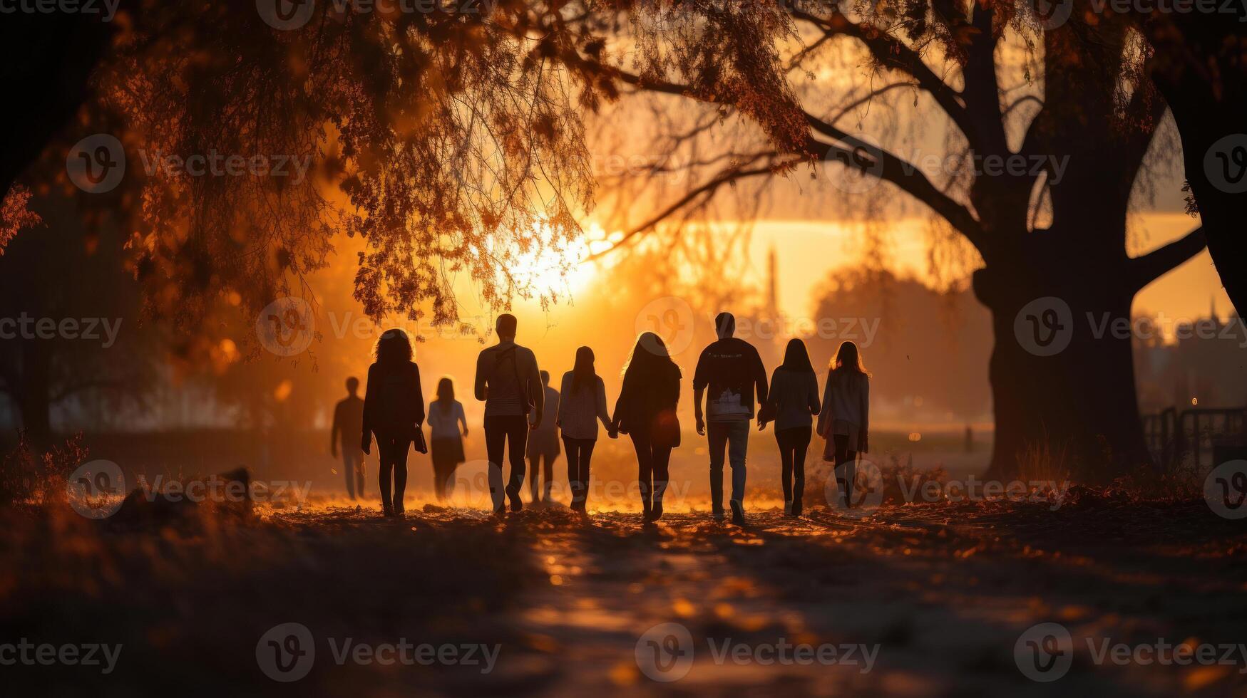 Group of back young people walking in the park at sunset. Selective focus. Generative AI. photo