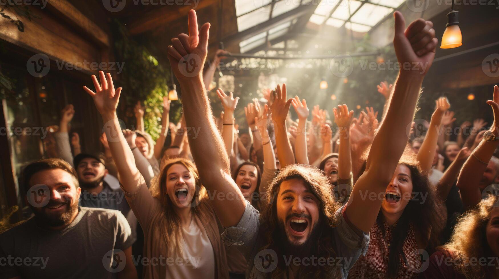 Group of happy friends having fun at a music festival in a pub. . photo
