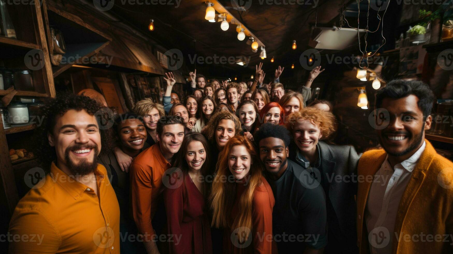 Portrait of a group of smiling people standing together indoor. Generative AI. photo
