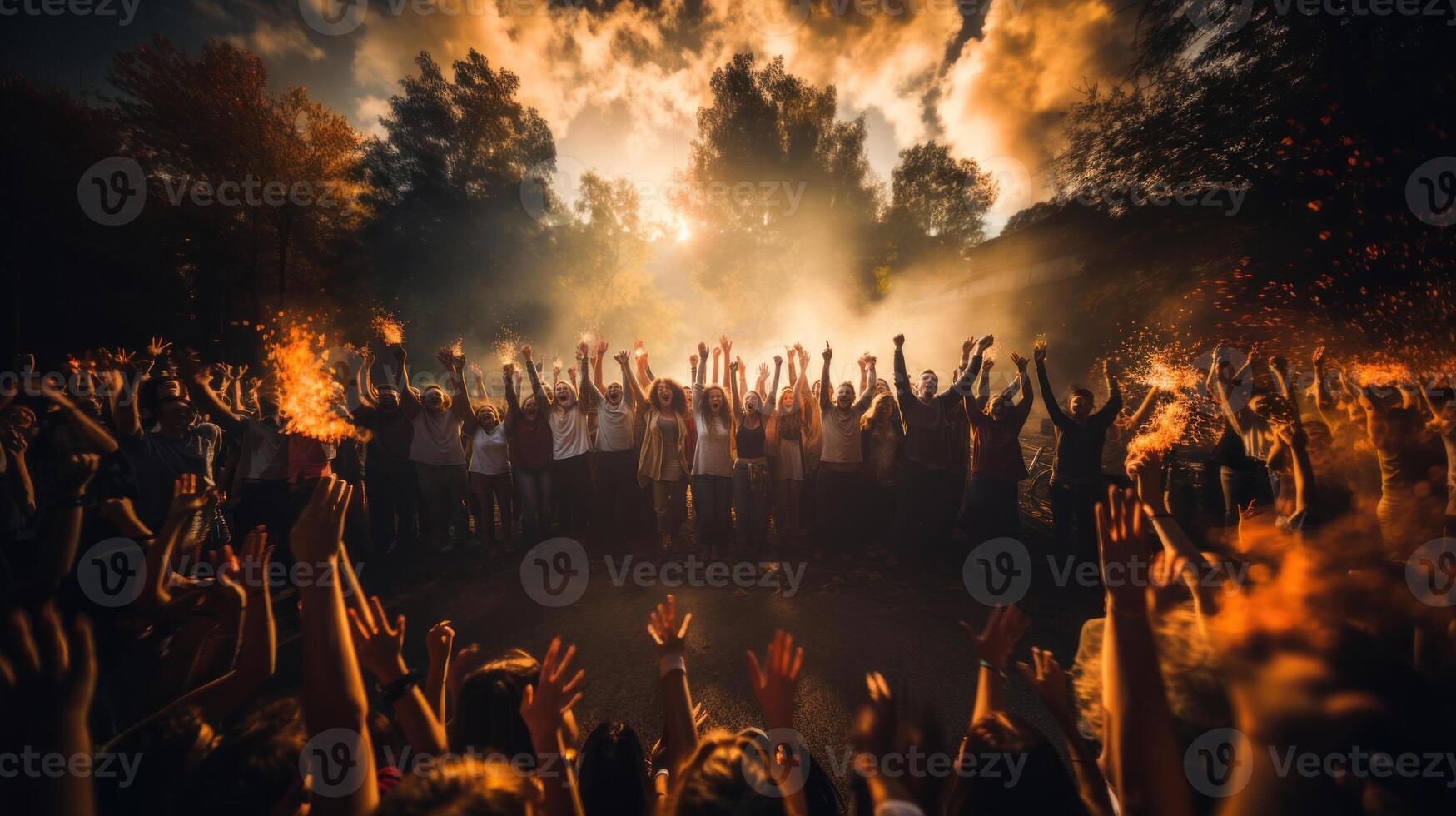 Crowd of people at a music festival with raised hands at sunset. Generative AI. photo