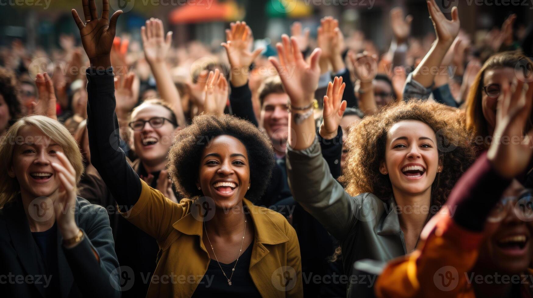 grupo de contento personas bailando y teniendo divertido a música festival en el ciudad. generativo ai. foto