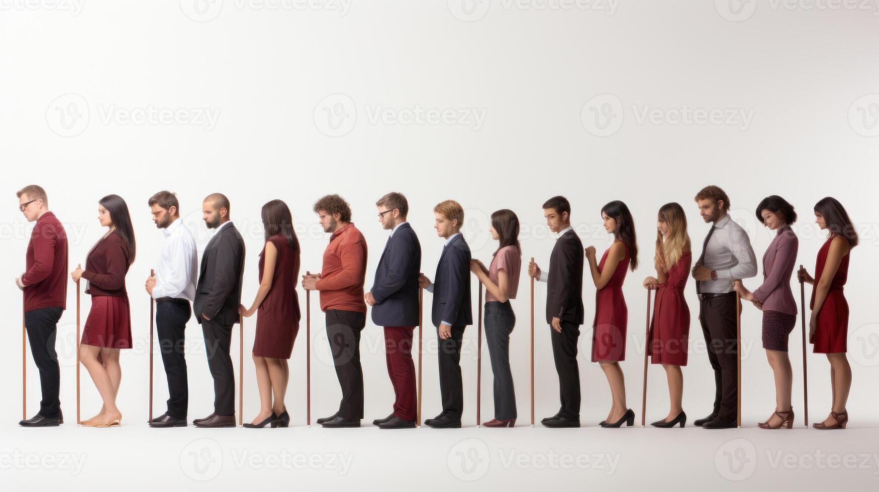 Group of diverse business people with sticks in hands standing in a row on white background. . photo