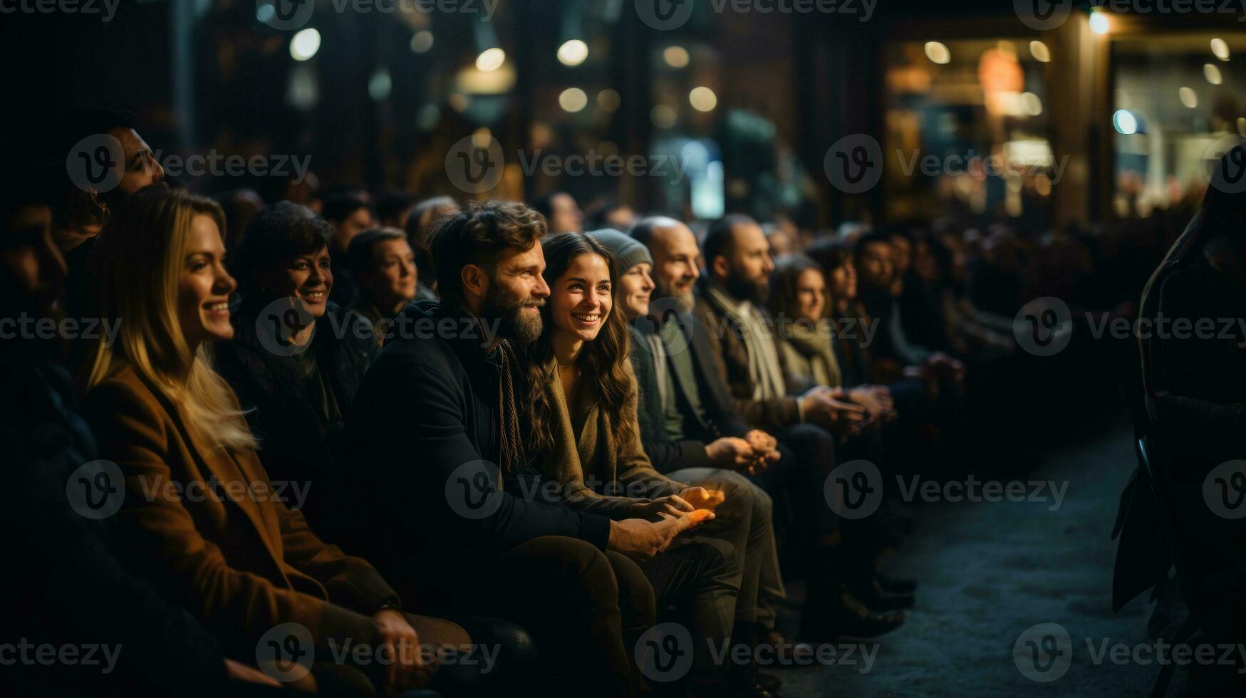 Group of young people sitting in a row on the street at night. Generative AI. photo