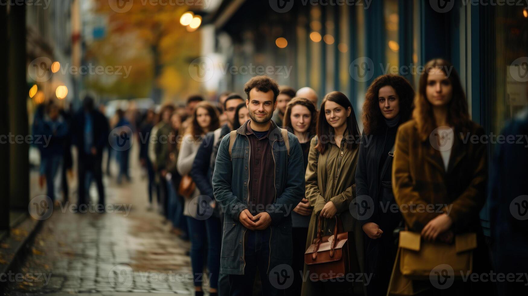 Large group of people waiting in line in city. Generative AI. photo