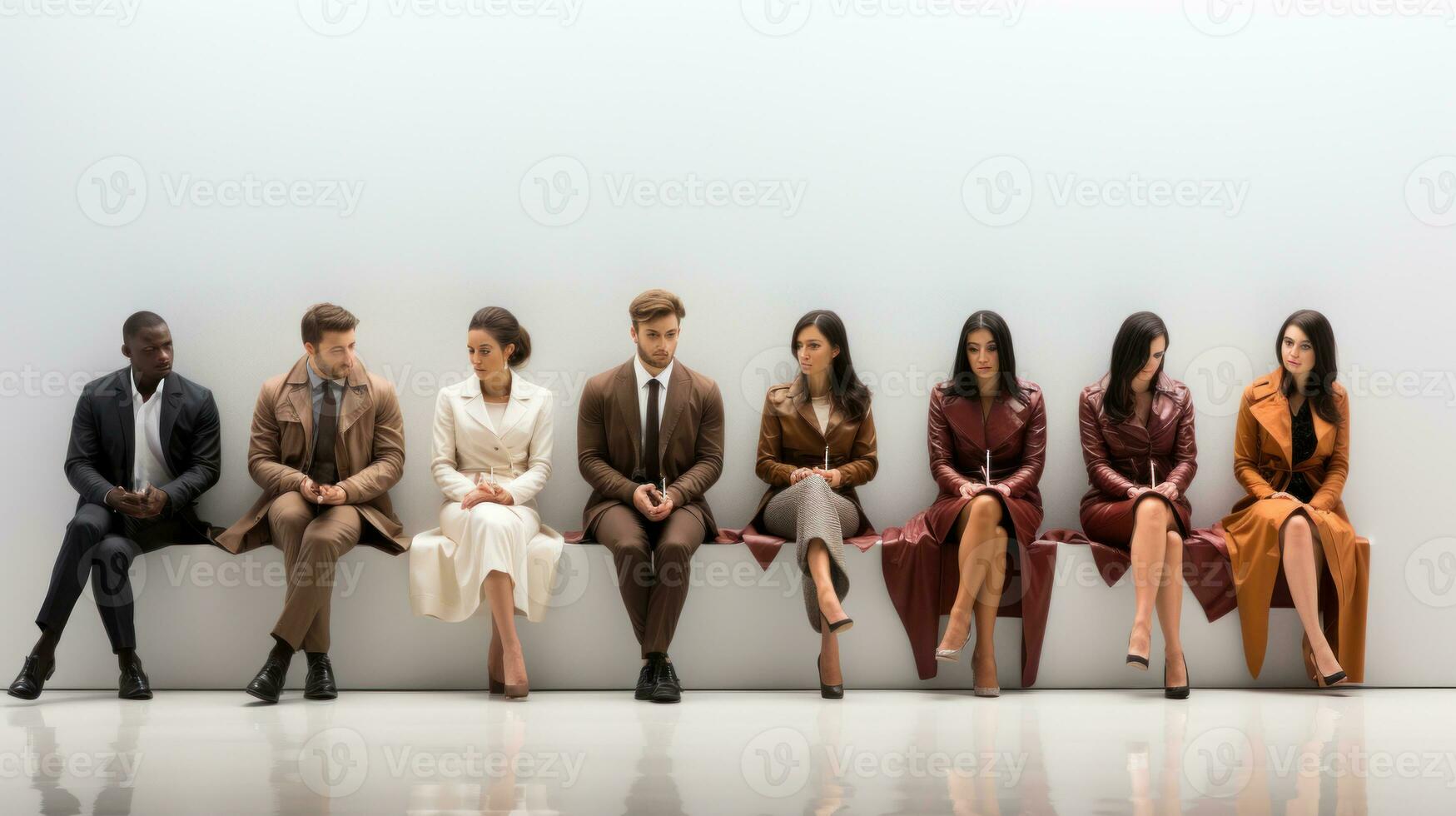 Group of business people in a row sitting on a white wall. Generative AI. photo