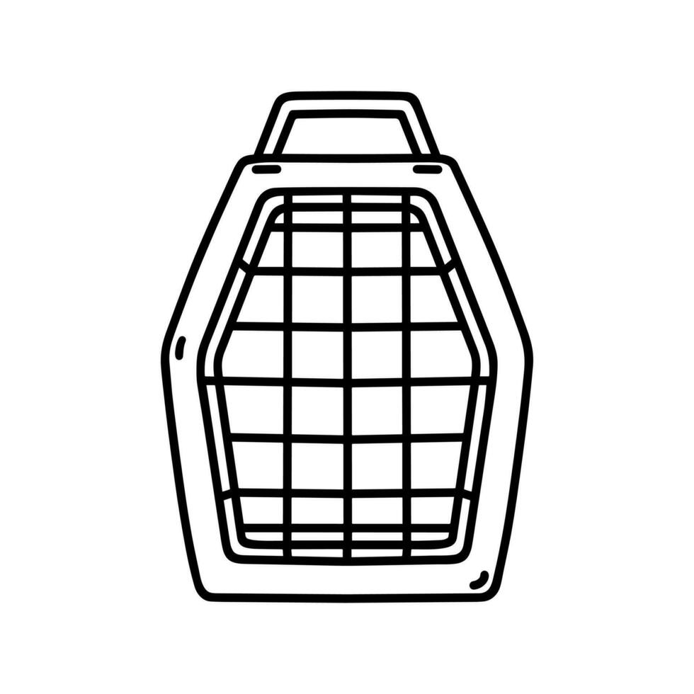 Pet carrier vector icon. Container for carrying animals cat, dog. Box for travel, going to the vet, transportation. Simple isolated illustration. Sketch, doodle. Black and white clipart for print, web