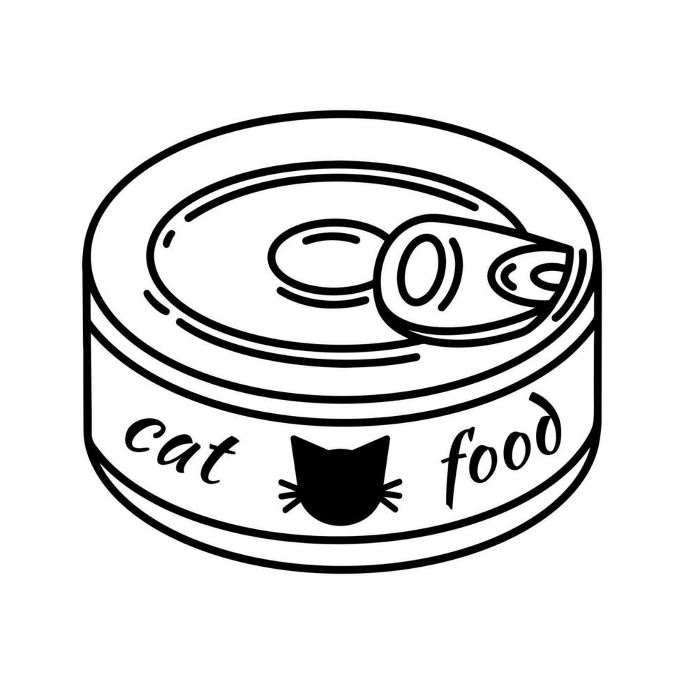 Cat food vector icon. Tin can with a treat for a kitten. Aluminum packaging with meat or fish snack for pets. Simple doodle, isolated sketch. Black and white clipart for print, vet clinic, shop, web
